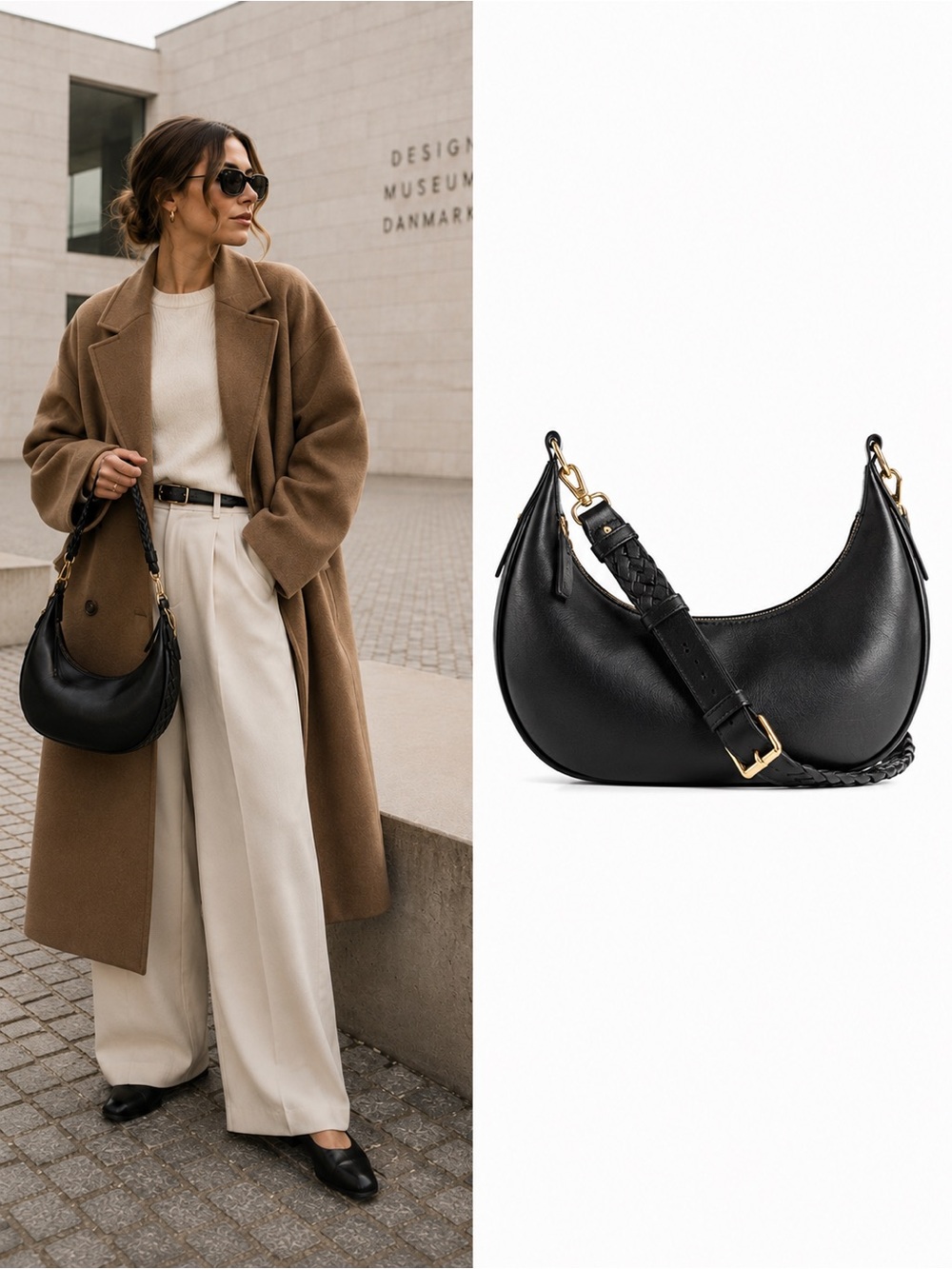 NWT Jules Kae Zola Black Crescent Hobo Shoulder Bag Braided Strap Vegan Leather
